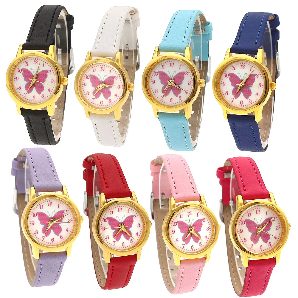 لطيف جميل فراشة جلدية جميلة في سن المراهقة فتاة صبي الأطفال هدية كوارتز ساعة طالب أطفال الحيوان ساعة اليد U93G