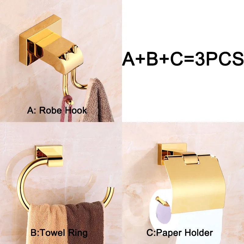 Brand New Golden Finish Bathroom Hardware Set Robe Hook+Paper Holder+Towel Ring Copper Material KF482