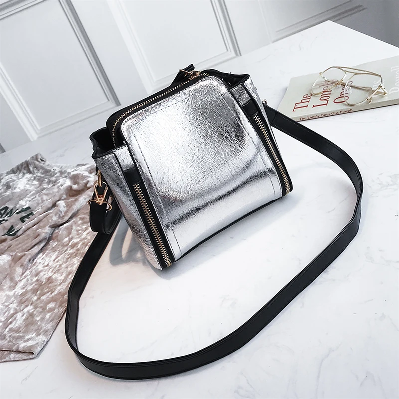 Fashion Small Sequin Glossy Bucket Bags Ladies Luxury Chains Shoulder Bags Leather Handbags For Women Letter Crossbody Bags 2019