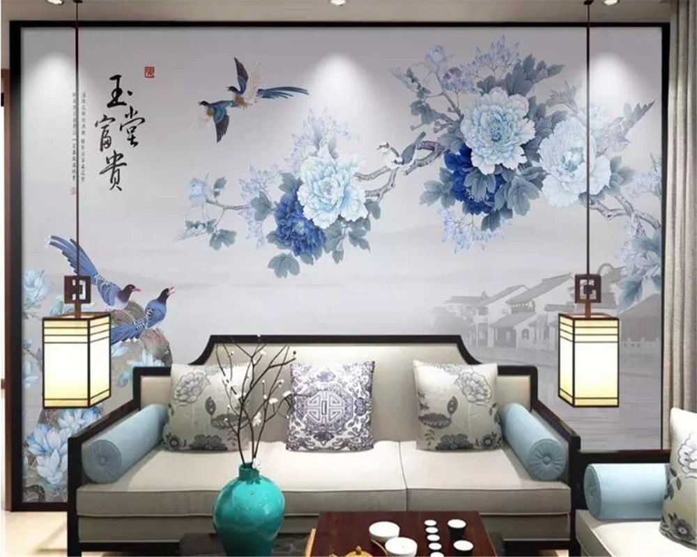 beibehang Custom size wallpaper magnolia open rich ylang fragrant blue peony background new Chinese style pen home decoration