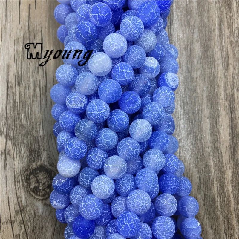 5Strands Matte Fancy Blue Fire Crackle Agates Round Loose Beads MY1626