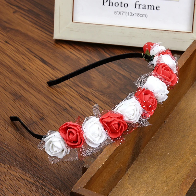 Haimeikang Bezel for Girls Hair Accessories Flower Hairband Wreath Headdress Romantic Headband Red Color Bridal Headwear