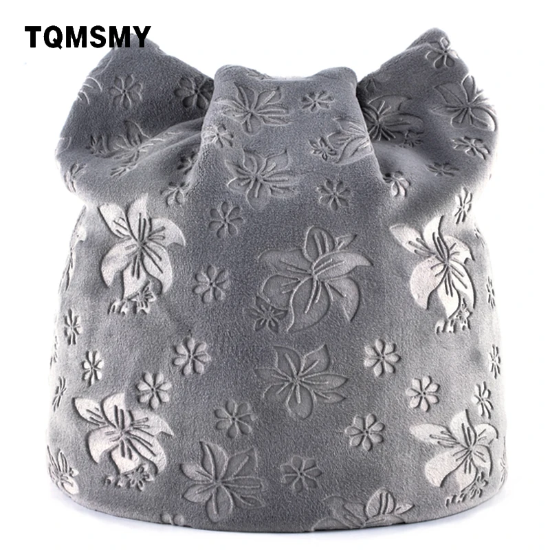 

TQMSMY Autumn Warm Winter Hat For Women Cat Ears Skullies Beanie Hats with Ear Flaps Caps Ladies Flower printing Beanies TMDH07