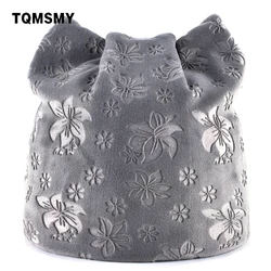 TQMSMY-가을 여성용 따뜻한 겨울 모자, 고양이 귀 스컬리 비니 모자, 귀 플랩 모자, 여성용 꽃 인쇄 비니, TMDH07
