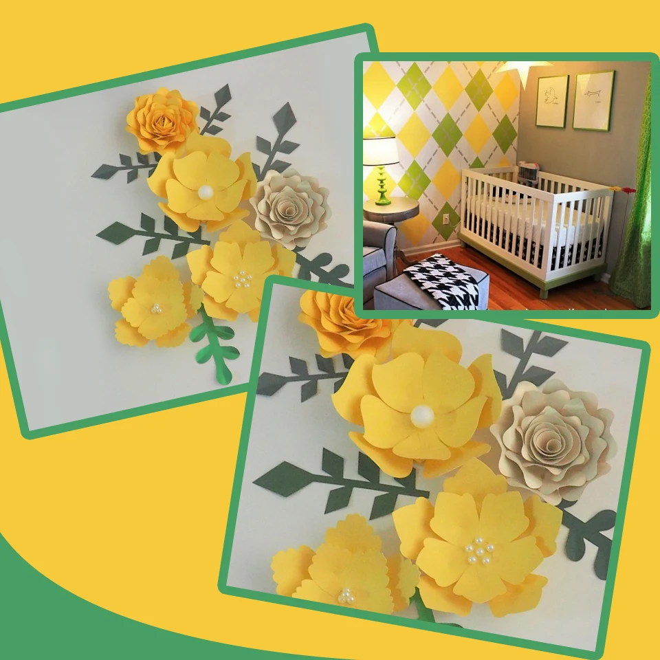 Handmade Yellow Easy Made DIY Paper Flowers Green Leaves Set 4 Nursery Wall Deco Baby Shower Girls Room Backdrop Video Tutorials