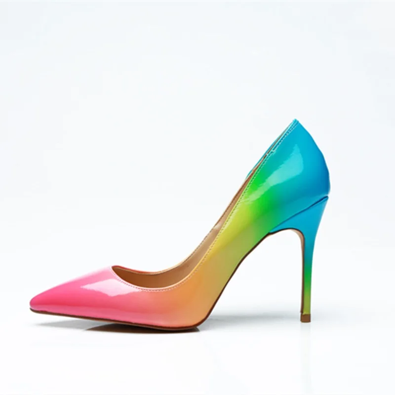 

New bright rainbow color thin high heels sexy pointed toe slip on stiletto pumps women party wedding dress shoes 2018