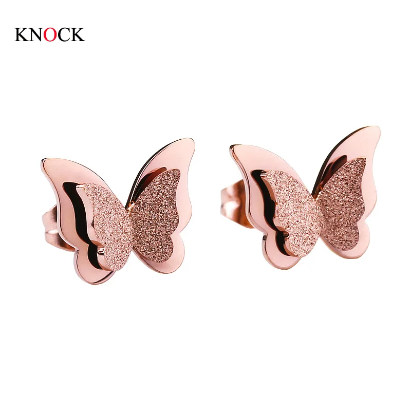 Knock Stainless Steel Earrings For Women Child Rose Gold Color Frosted Double Butterfly Earrings Studs Best Jewelry