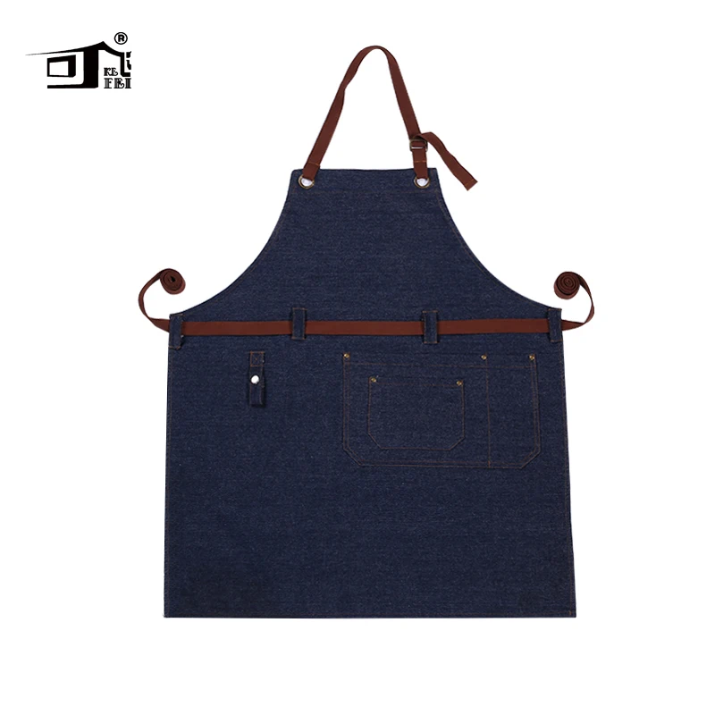 Original KEFEI High Quality Cotton Denim Restaurant Work Leather Chef Cooking Kitchen Aprons for Woman