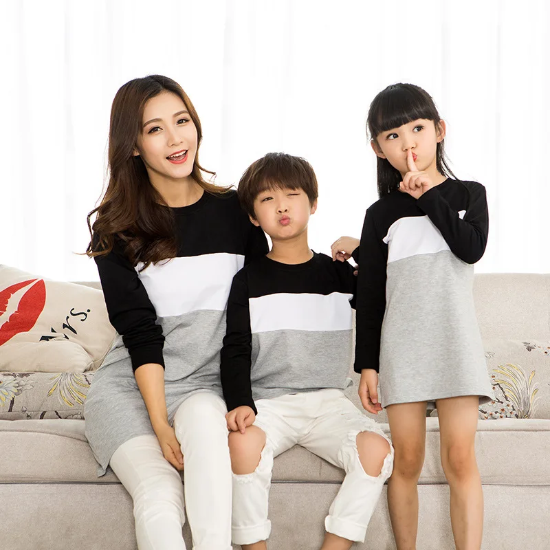 Family Look Mother Daughter Dress Family Clothing Father Son T-Shirt Cotton Patchwork Striped Family Matching Outfits