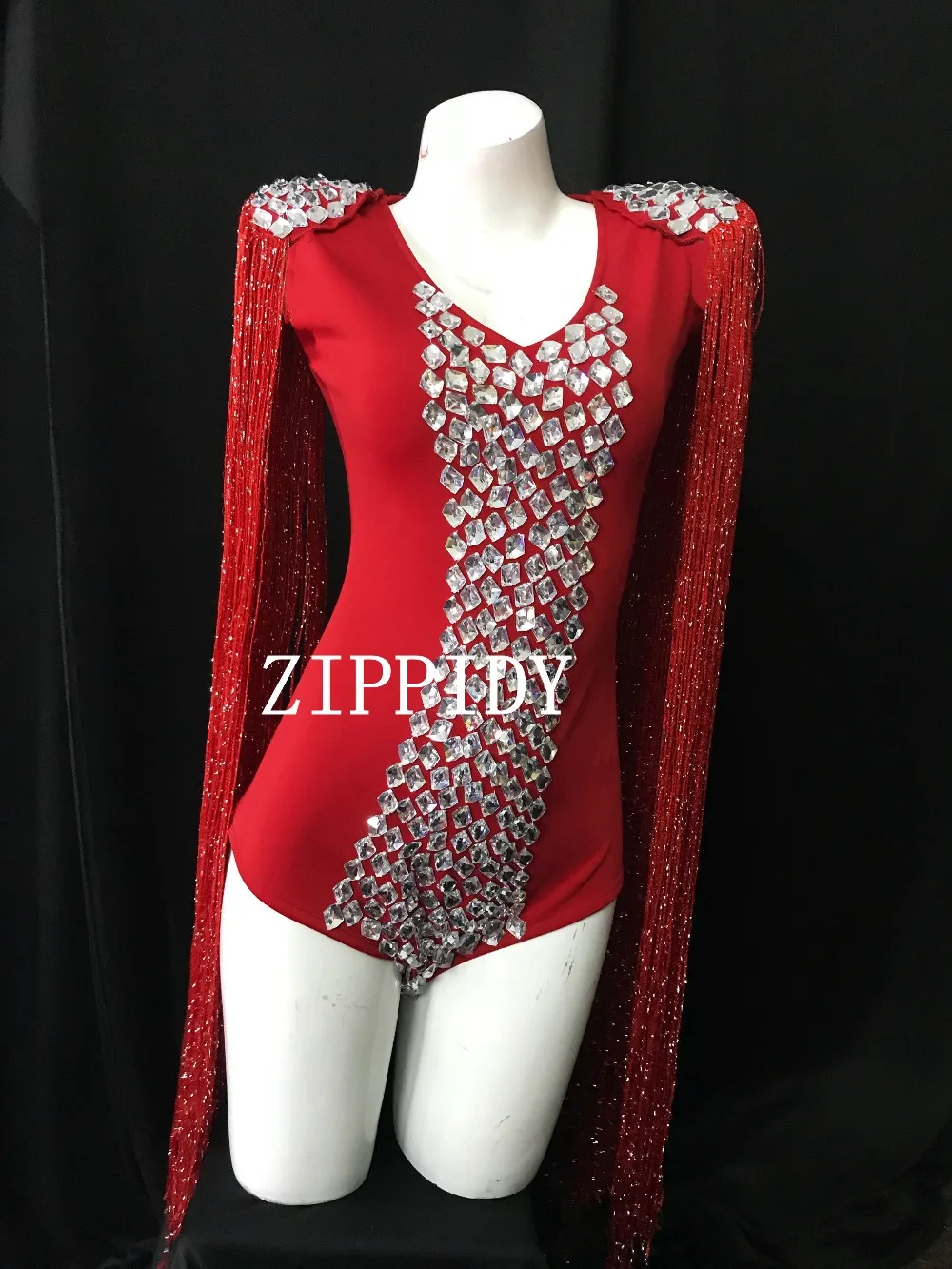 New Red Tassel Crystals Stretch Bodysuit Big Stones Epaulet Outfit Birthday Celebrate Outfit Female Singer Show Evening Costume