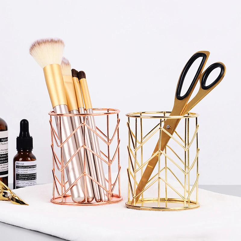 

Nordic Rose Gold Wire Net Pencil Holder Cosmetic Brush Tube Desktop Organizer Storage Decorative Basket For Office Home School