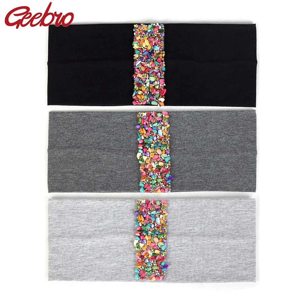 Geebro moda kobieta bawełna kolorowe kamienie wstążka opaski nakrycia głowy Boho miękka elastyczna opaska do włosów Party Turban Accessorie