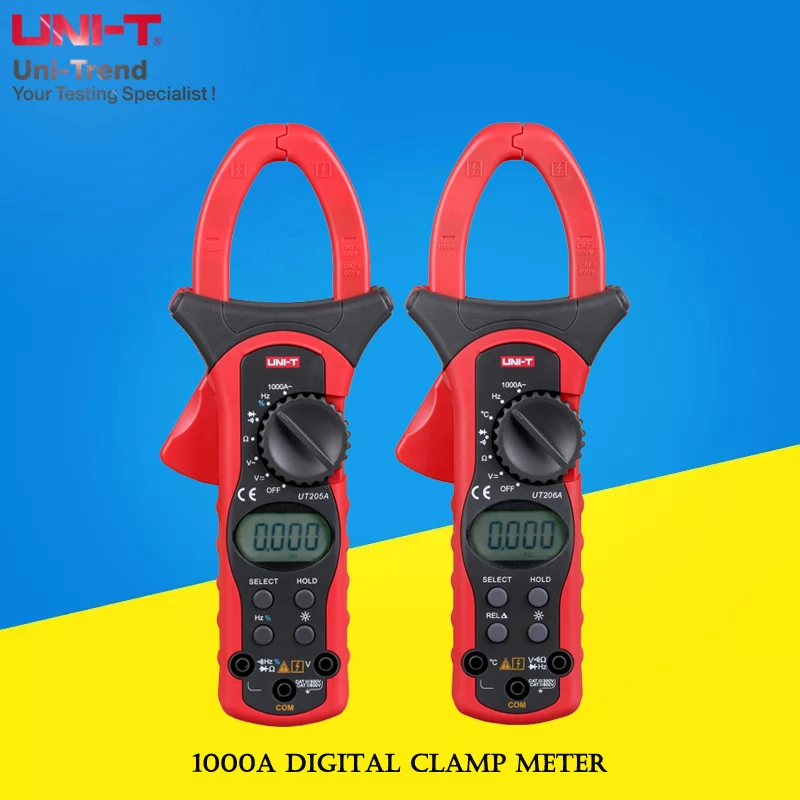 

UNI-T UT205A/UT206A 1000A Цифровые клещи; Одиночный амперметр переменного тока 1000 А/ЖК-подсветка/автоматическое отключение