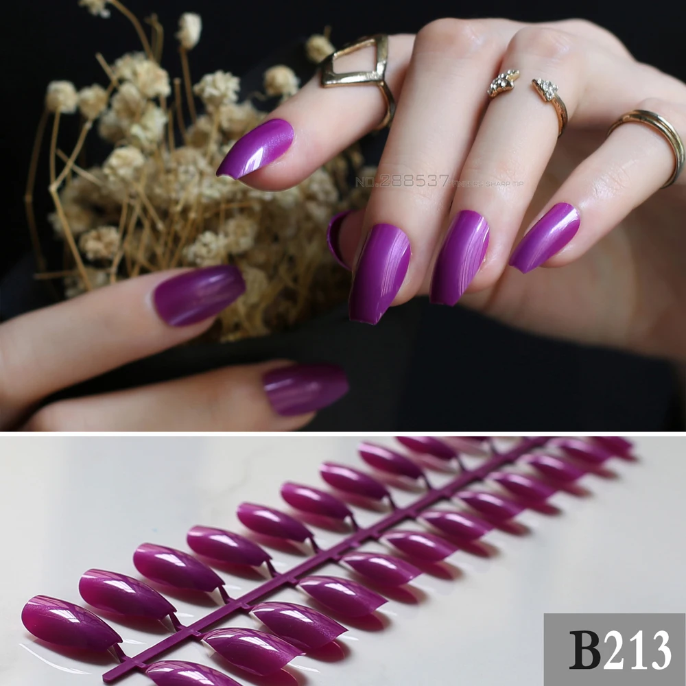 Coffin False nails Dark purple Ballerinas nail glitter Fake nail powder Designs 24pcs Full set Medium long Press on Nails