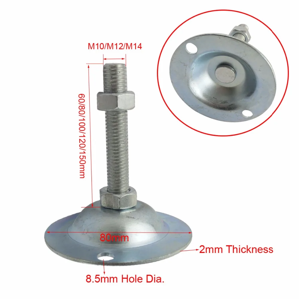 4pcs M10/M12/M14 Adjustable Foot Cups with Installation Holes Iron Galvanized Articulated Feet 80mm Diameter Base Leveling Foot