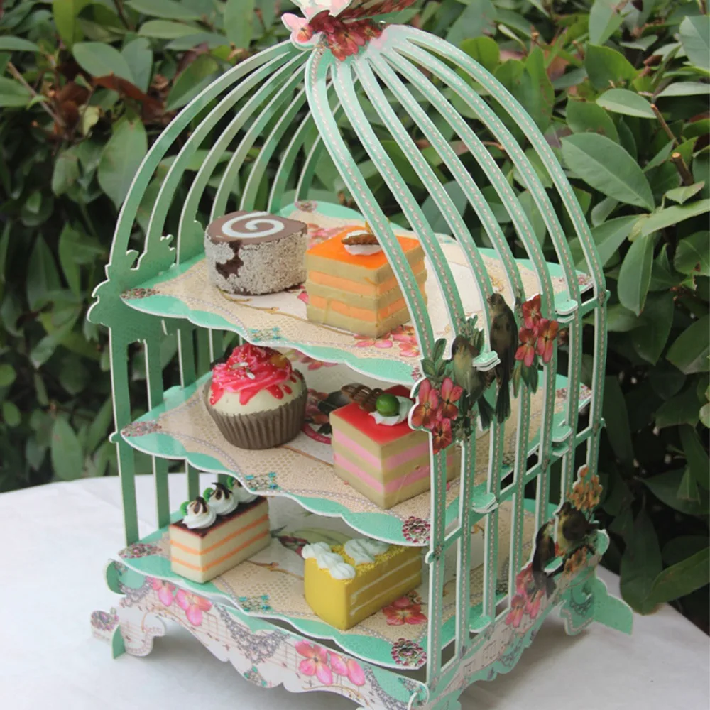 

3 Layers Cupcake Cardboard Cake Stand Wedding Tea Party Cakes Display Holder Birdcage Shape Cake Stand Table Decor