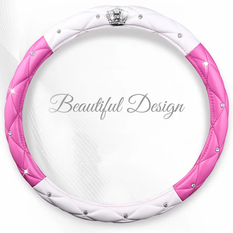 2022 Fashion Women PU Leather Car Steering Wheel Cover Diamond Black Pink Auto Wheel Covers Cases for Lady Girls Car Accessories