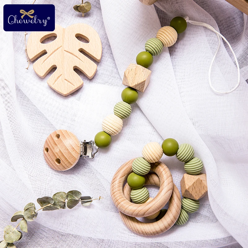 

3Pc/Set Baby Silicone Teether Pacifier Chain Wooden Rings Perle Silicone Beads Beech Wooden Rodent Baby Rattle Toys