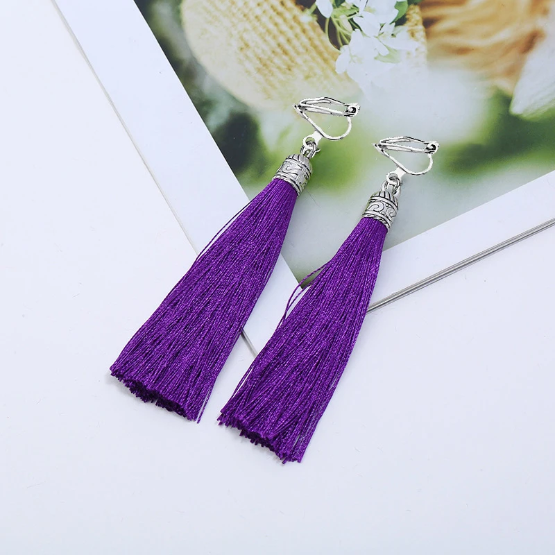 GRACE JUN Hot Sale Long Style Tassel Clip on Earrings No Pierced for Women Luxury Fashion Bohemain Ethic Charm Jewelry Ear Clip