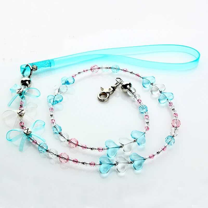 Transparent  Dogs Collar+Leash Set Clear Crystals Pets Walking Lead  With Bow S M L Pink Blue