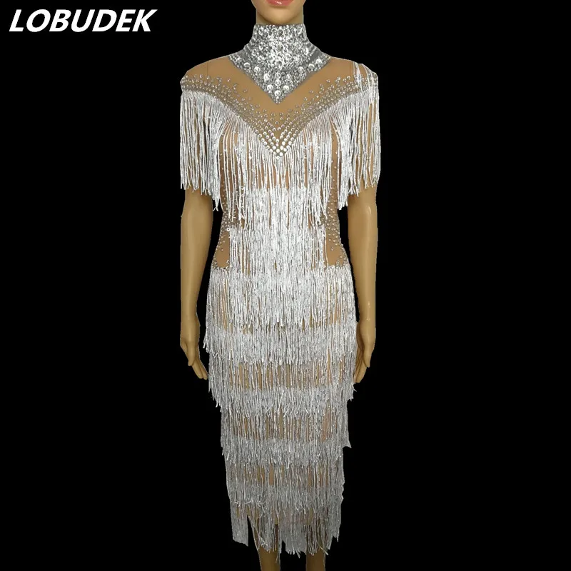 

Sparkly Rhinestones White Tassel Perspective Dress Sexy See-through Mesh Crystals Fringe Dress Star Singer Host Stage Costume