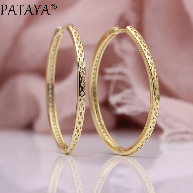 PATAYA New Big Circle Earrings Women Fashion Luxury Hollow Fine Jewelry 585 Rose Gold Color Natural Zircon Oval Dangle Earrings