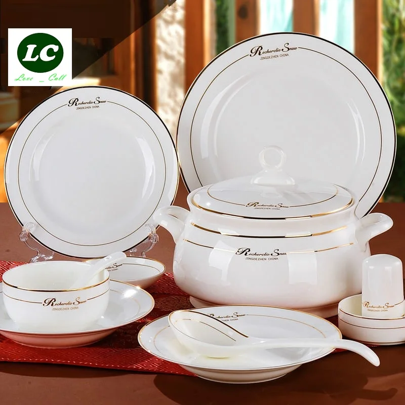 free shipping dinnerware set ceramic bone china 58pcs luxury golden Jingdezhen tableware avowedly dishes set plates bowls