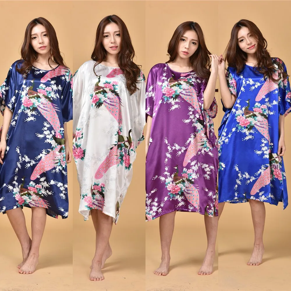 22 Colors New Peacock Chinese Women Silk Rayon Robe Dress Summer Loose Lounge Nightgown Sleepwear Kaftan Bath Gown One Size