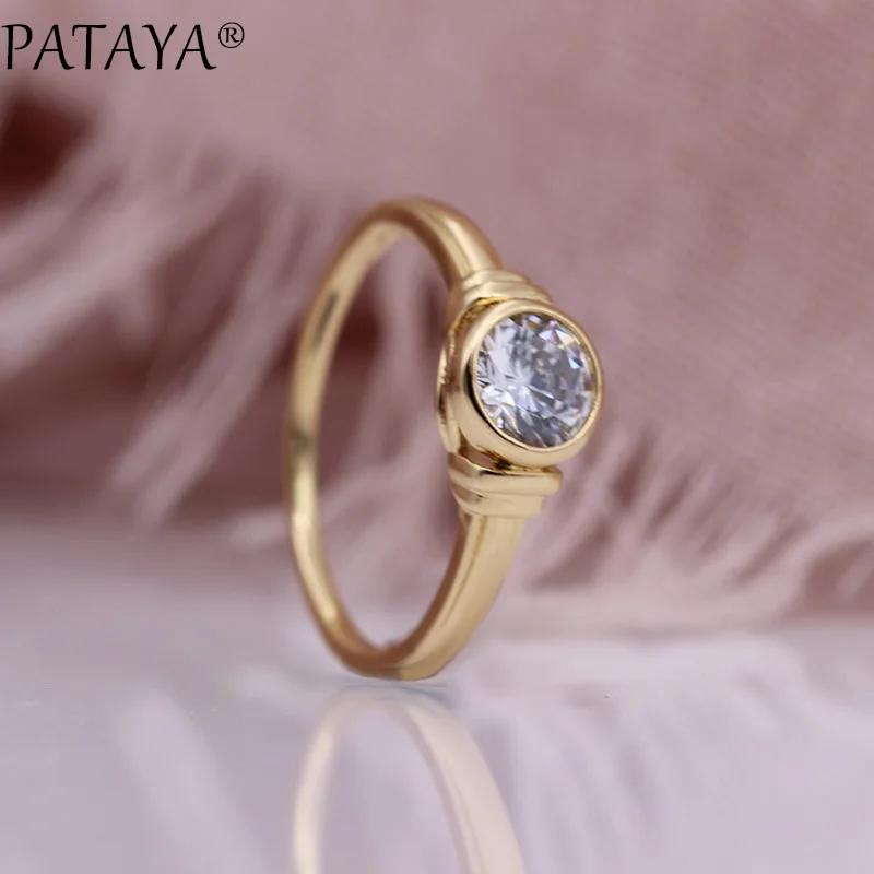 PATAYA New Glossy Hollow Rings Gifts 585 Rose Gold Color Round Natural Zircon Ring Romantic Wedding Simple Fine Fashion Jewelry