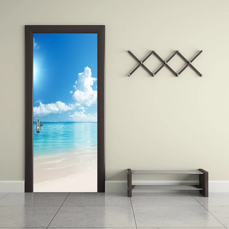 

Blue Sky White Clouds Sandy Beach Sea View Door Sticker Wall Paper Bedroom Living Room Self-adhesive Wall Decals Home Decoration