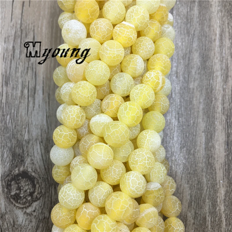 5Strands Frosted Fancy Yellow Fire Crackle Agates Round Loose Bead MY1625