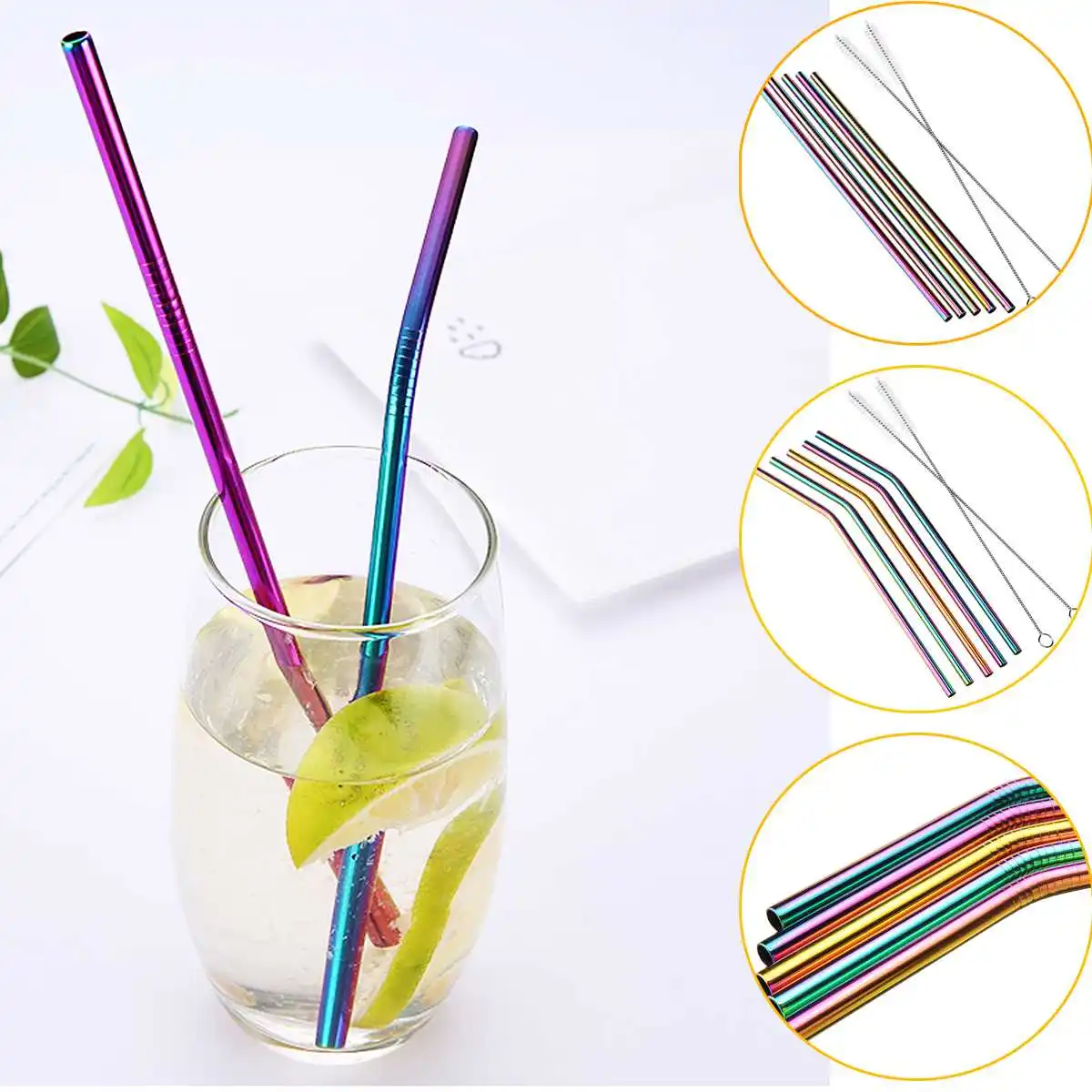 7pcs(5straws) Reusable Drinking Straw Metal Stainless Steel Straw With Cleaner Brush For Home Party Barware Bar Accessories