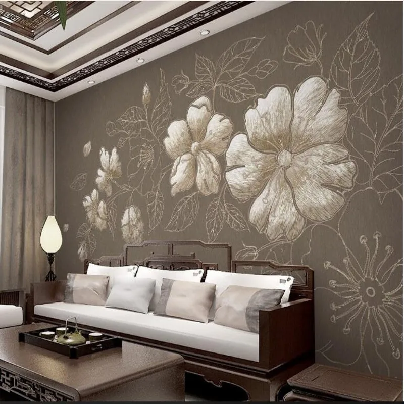 

wellyu Custom large frescoes Chinese style new 3d embroidery plum brown color TV backdrop nonwovens super green wallpaper