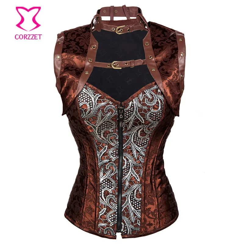 

Vintage Brown Brocade Zipper Corset Steampunk Jacket Burlesque Outfits Espartilhos e Corpetes Corsets And Bustiers Gothic Korset