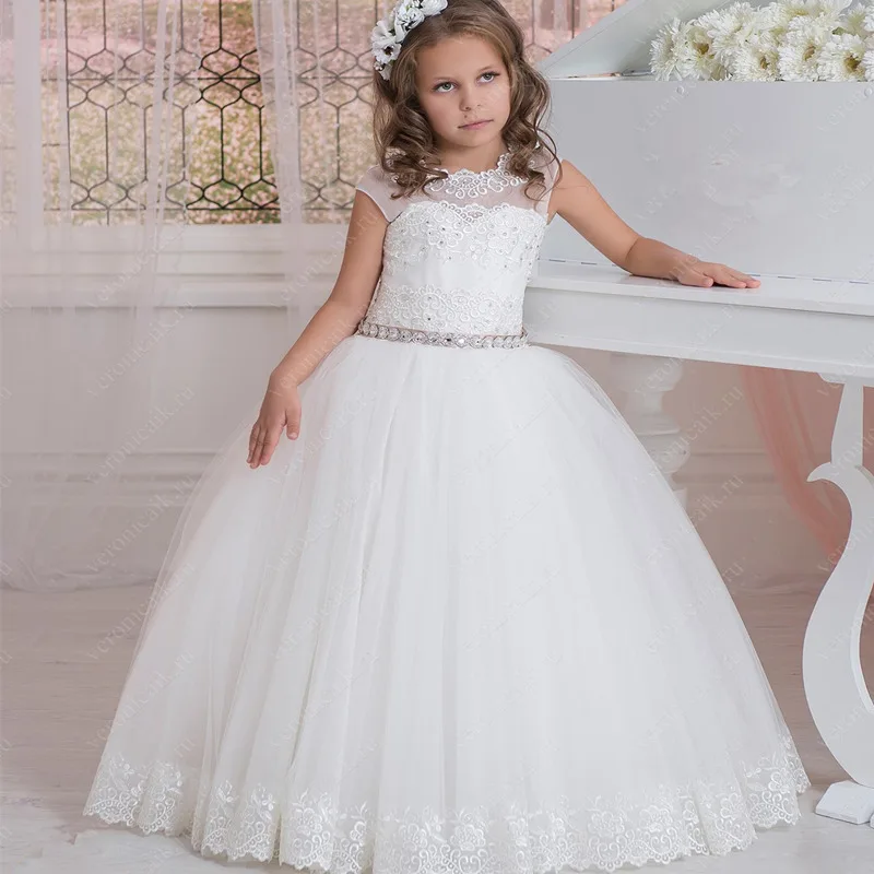 

Fashion Romantic Flower Girl Dresses Beaded belt Puffy Lace For Sleeveless Tulle Communion Get Together Pageant Dresses