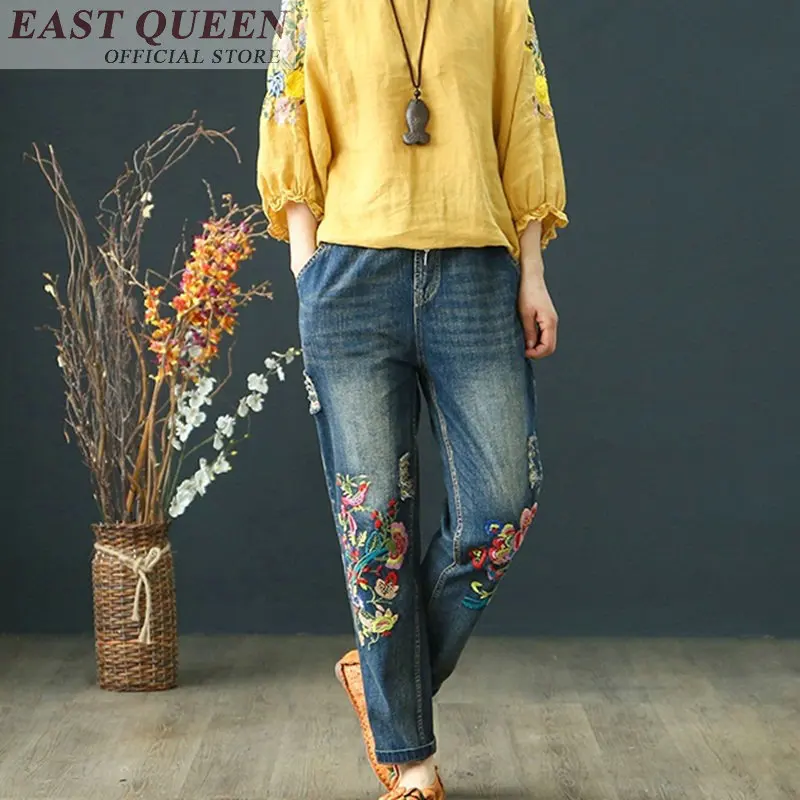 Women jeans embroidery elastic high waist calf-length pants loose boyfriend jean for woman office ladies denim trouser DD622 L