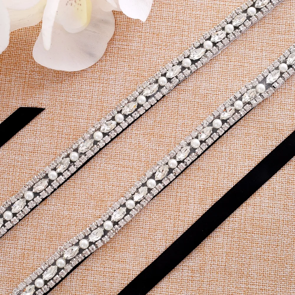 SESTHFAR  Silver Crystal Wedding Belt With Pearls Rhinestones Ribbons Bridal Belt Sash For Wedding Dress