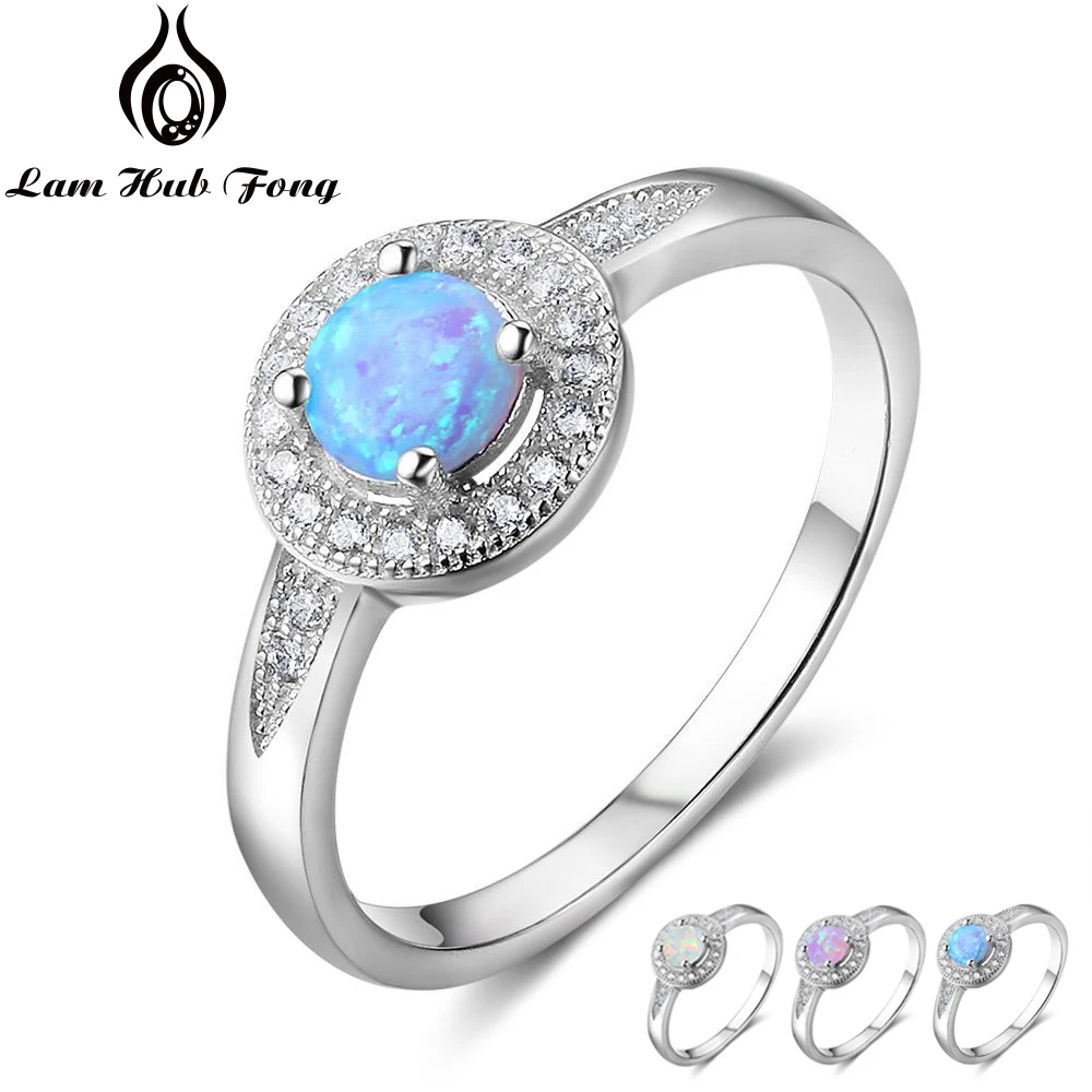 Silver Color Round Blue Opal Rings for Women Zircon Wedding Jewelry Birthday Gift For Girlfriend (Lam Hub Fong)