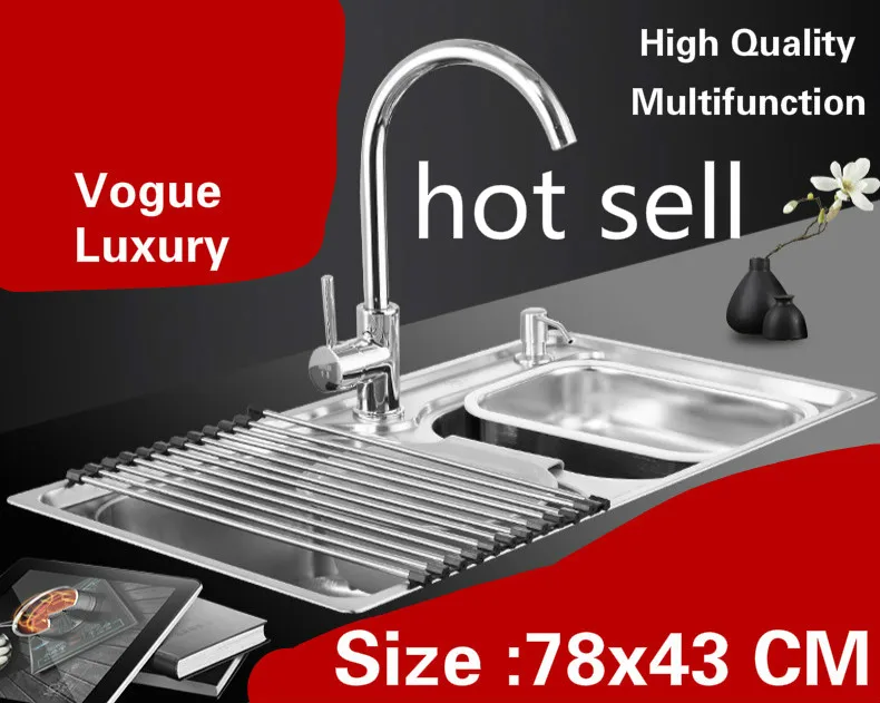 

Free shipping Home multifunction wash vegetables kitchen double groove sink 304 stainless steel hot sell 780x430 MM