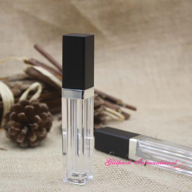 50pcs/lot 6ml Acrylic Lip Gloss Empty Tube with Stopper Matte Black Cap Square Lipgloss Cosmetic Packaging Silver Line Neck