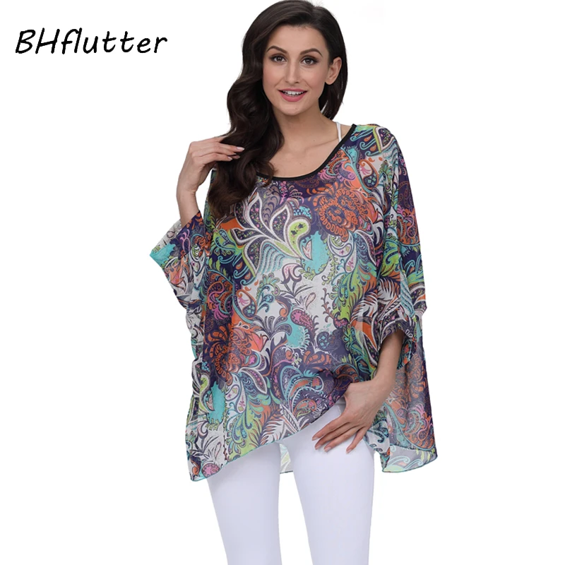 BHflutter-Blusa de Chifón con manga murciélago para mujer, camisa informal con estampado Floral, talla grande 4XL, 5XL, 6XL, para verano, 2018