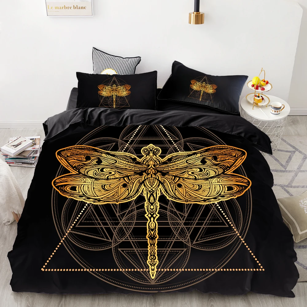 3D HD Digital Printing Custom Bedding Set,Black Duvet Cover Set Queen Cal King,Bedclothes Golden dragonfly Drop Shipping