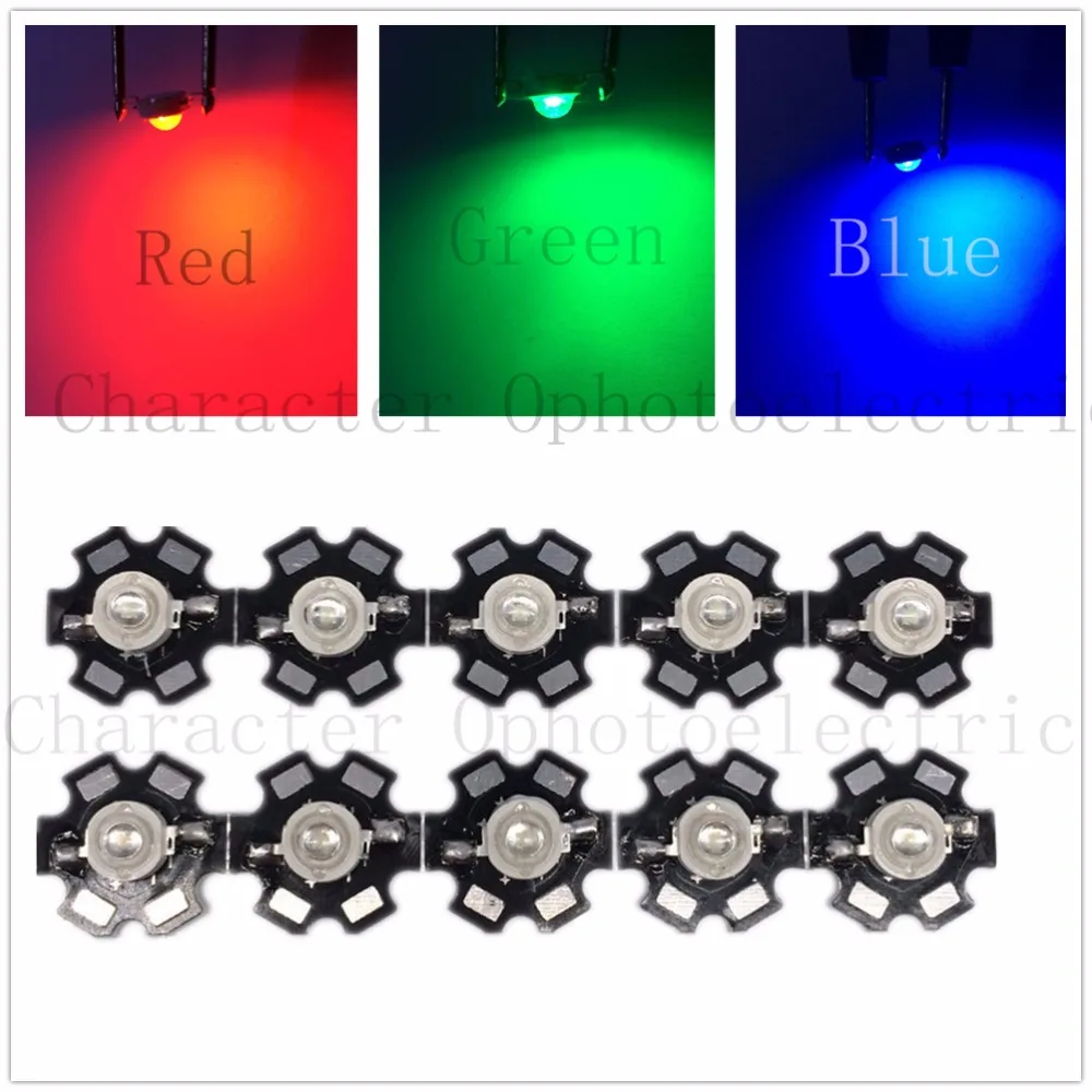 Hot 100 pcs 1W/ 3W High Power red 610-630nm green 510-530nm  Blue460-475nm  LED with 20mm star PCB