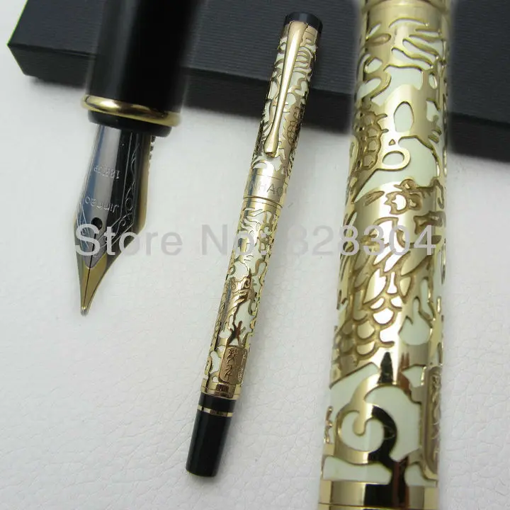 shipping 0.7MM jinhao celluloid pen engraved pen perfect golden yellow and white