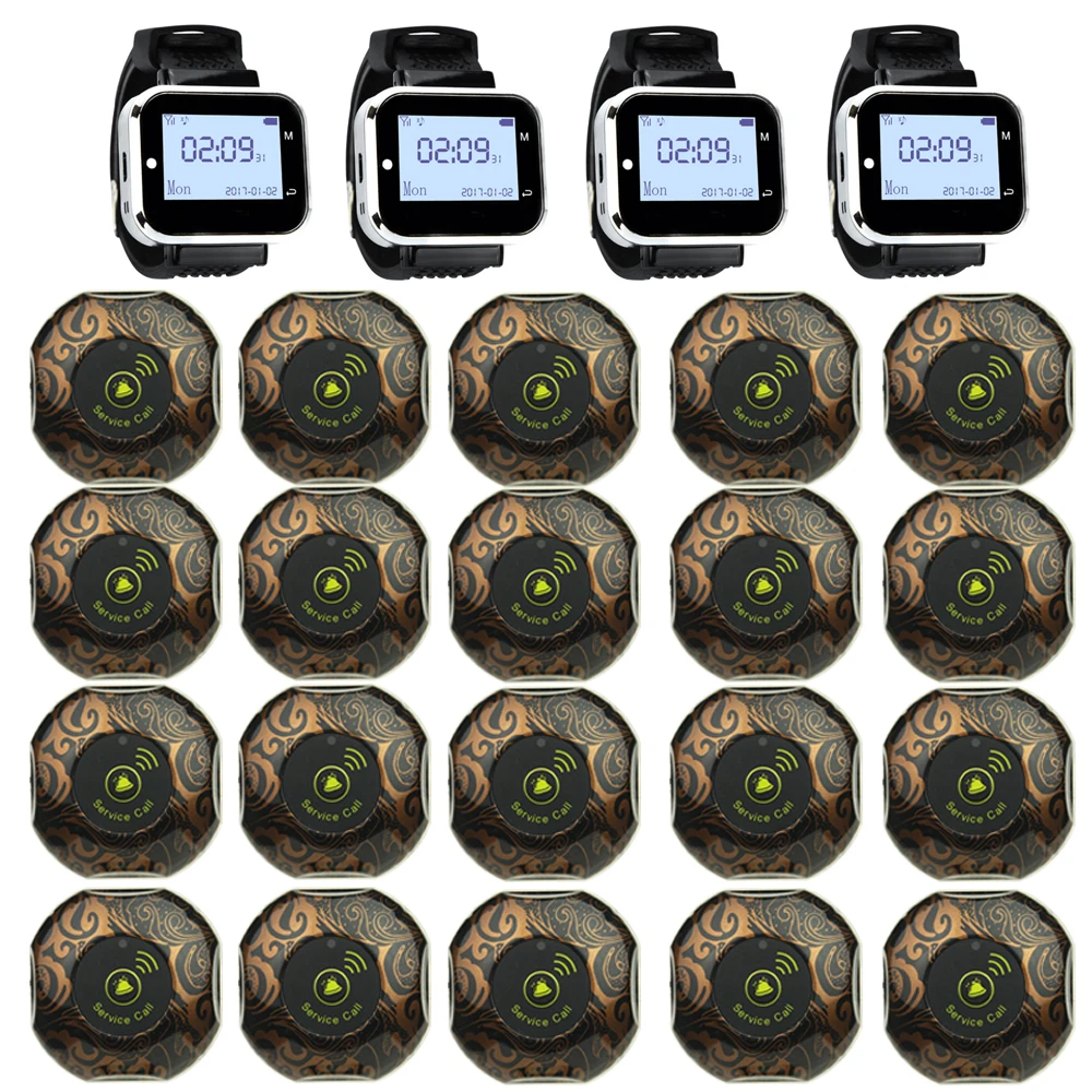 

JINGLE BELLS 20 Calling Buttons 4 Watch Pager receiver for Restaurant, cafe bar Service Call Bell Wireless Guest Calling System