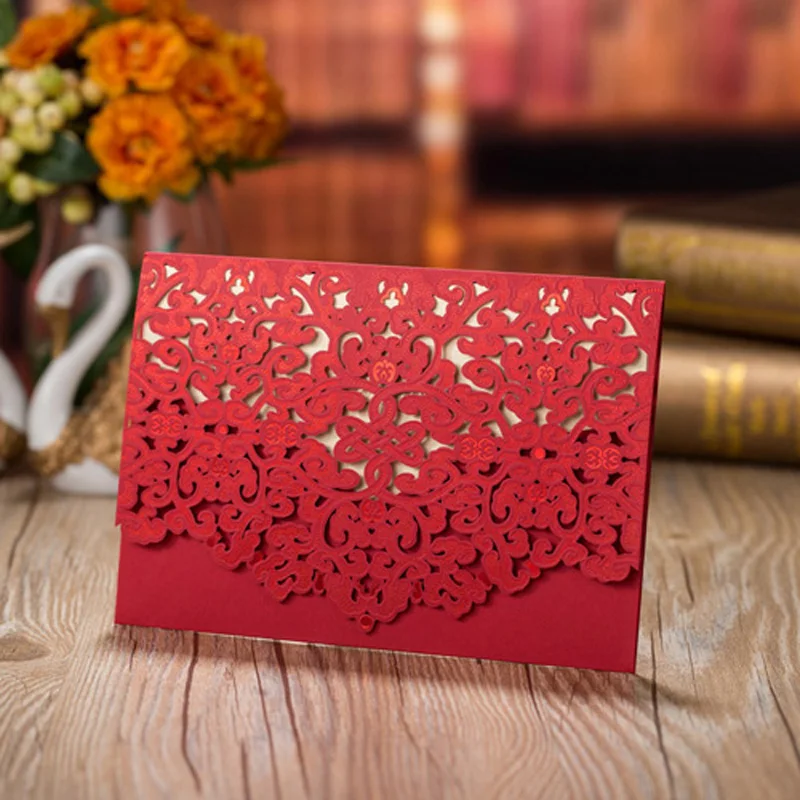 50pcs Blue Red Luxury Flora Laser Cut Wedding Invitation Card Customized Wedding Envelopes Party Wedding Decoration Supplies