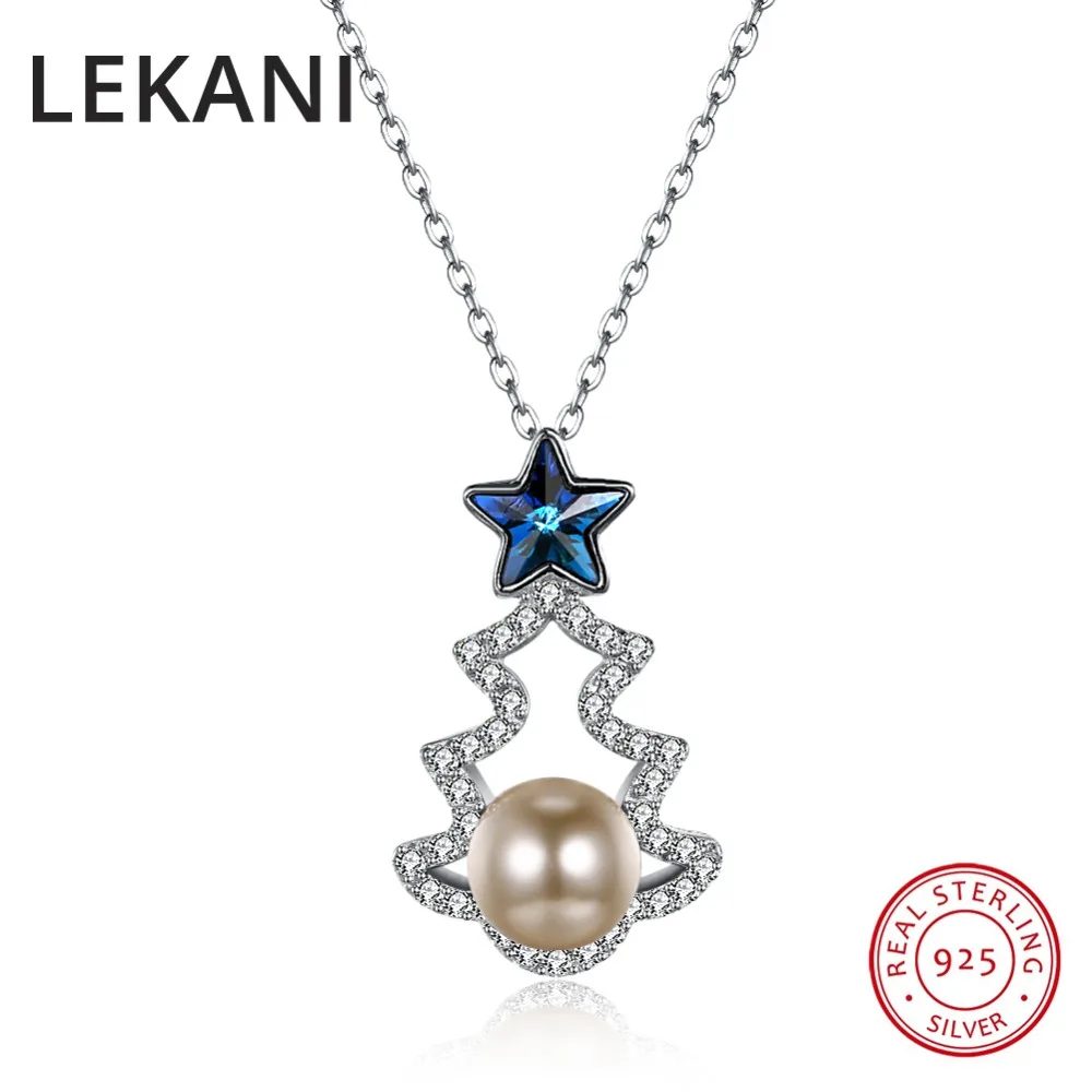 LEKANI Real 925 Sterling Silver Christmas Tree Pendant Necklace Crystals From Austria Pearls Jewelry For Women Party Gifts