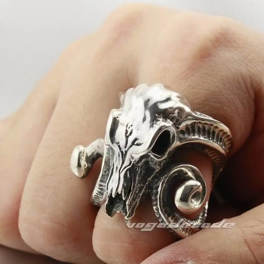 Large Ran Skull Horn Aries 316L Stainless Steel Mens Biker Ring 6R005 image 6