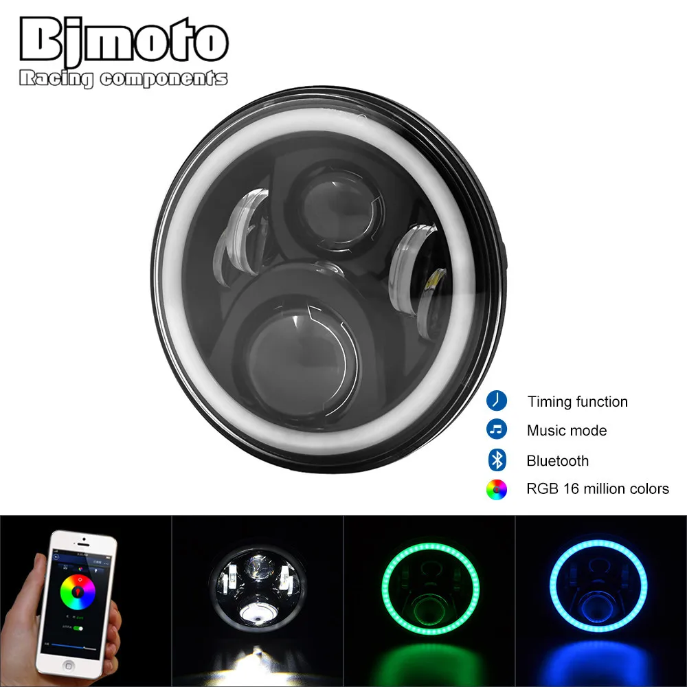 

BJMOTO H4 H13 DRL Phone Control RGB Headlight HI/Lo Beam Headlamp with Angel light For FLS, FLSTC, FLSTF, FLSTFB, FLSTN Touring