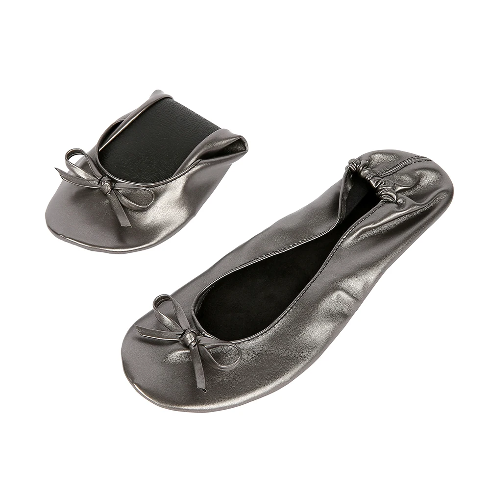 Pewter Shoe Flats Portable Fold Up Ballerina Flat Shoes Roll Up Foldable Ballet After Party Shoe For Bridal Wedding Party Favor